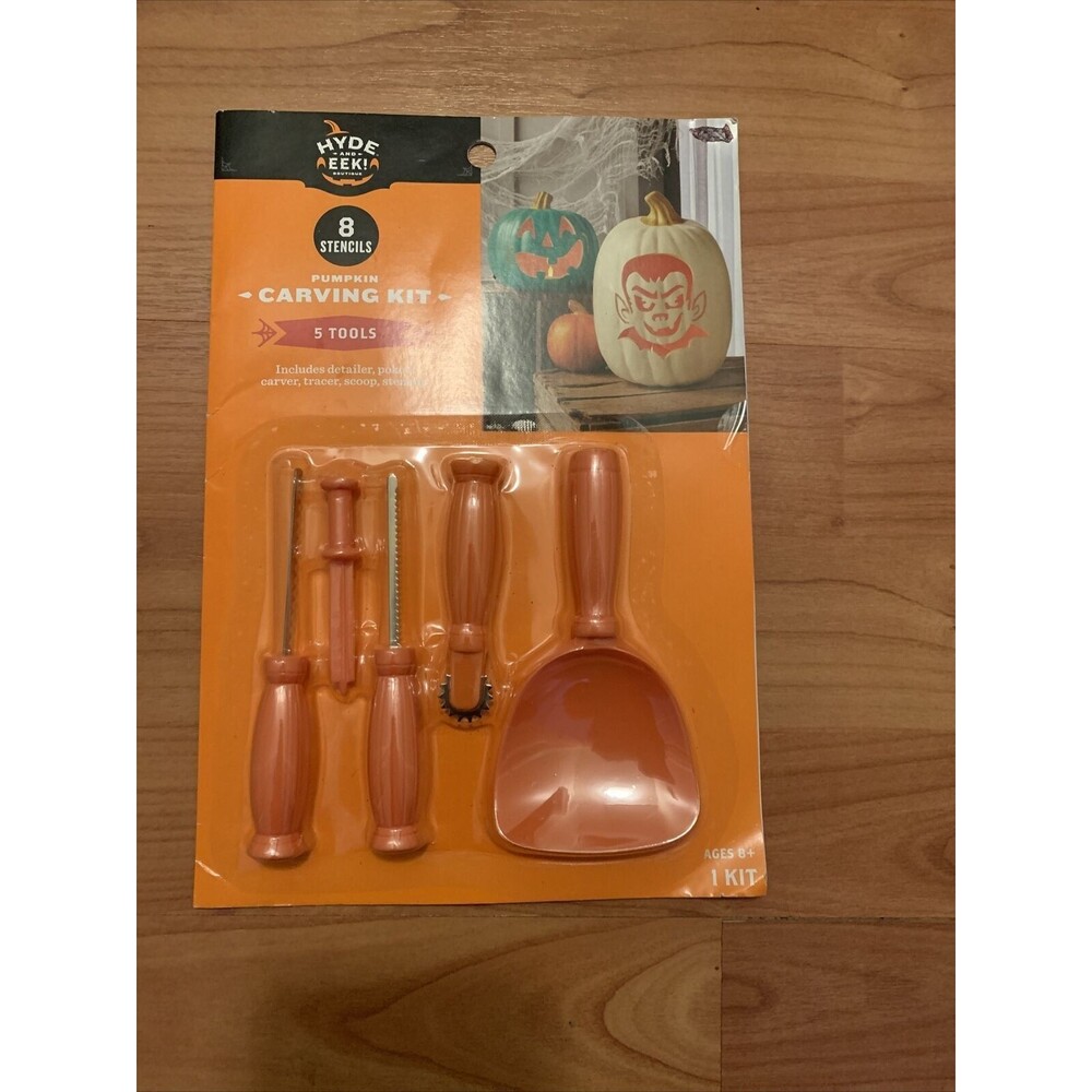 HYDE & EEK Pumpkin Carving Kit 5 Tools 8 Stencils Halloween Kids Crafts Orange